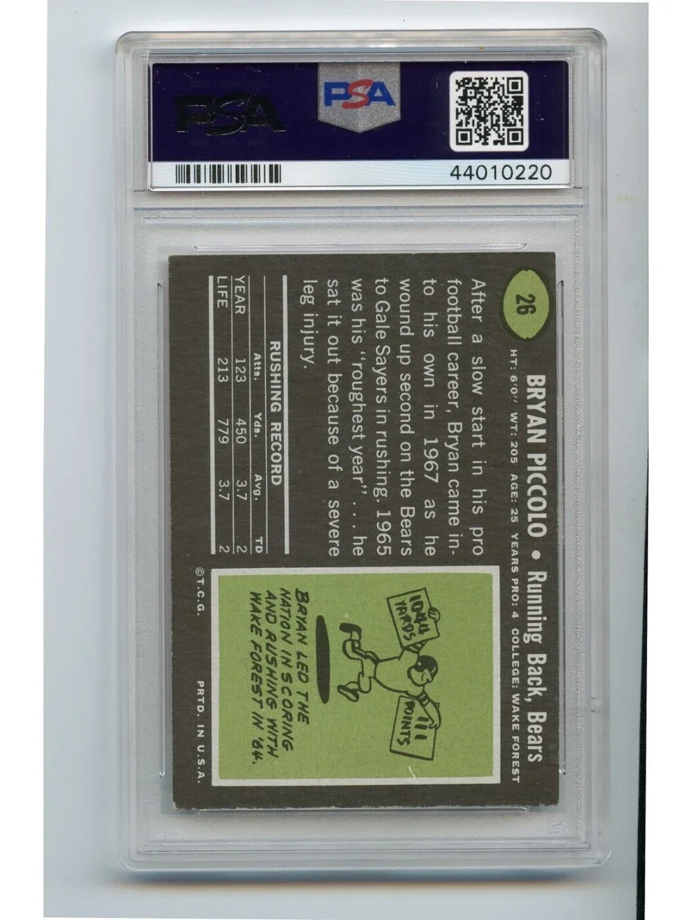 1969 TOPPS #26 BRYON PICCOLO RC BEARS PSA 6 - BRYAN On Back
